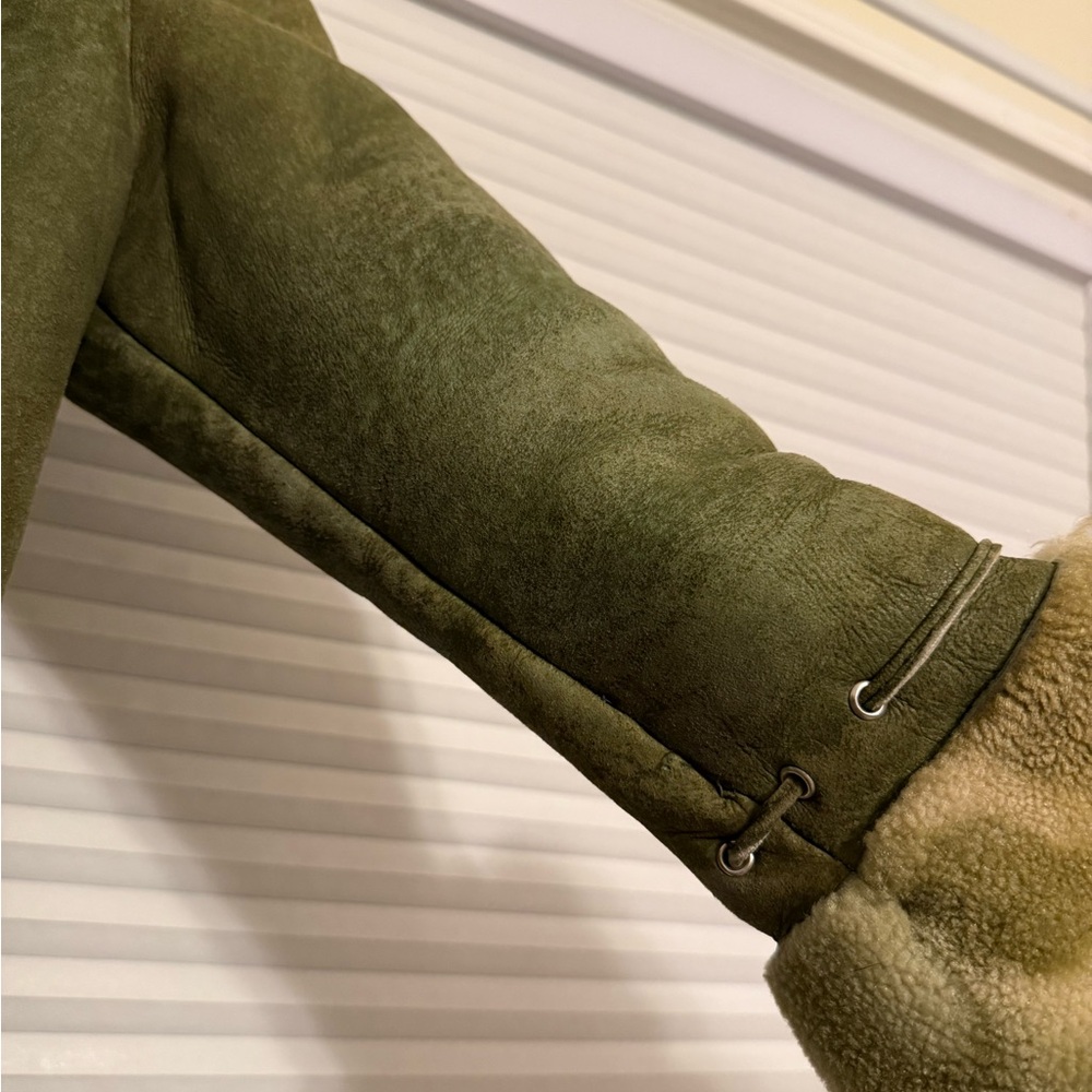 Vintage Green Genuine Shearling Fur Jacket With Flared Sleeves - Picture 10 of 12